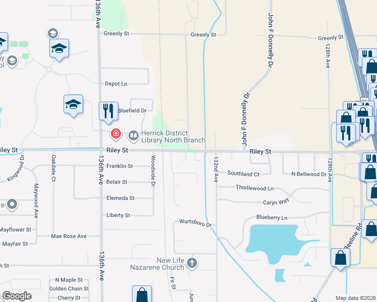 map of restaurants, bars, coffee shops, grocery stores, and more near 13318 Riley Street in Holland