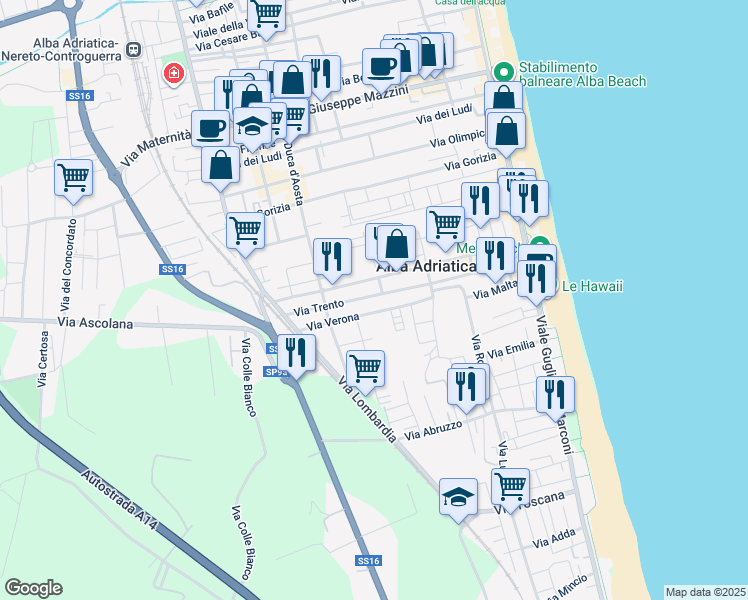 map of restaurants, bars, coffee shops, grocery stores, and more near 45 Via Trento in Alba Adriatica