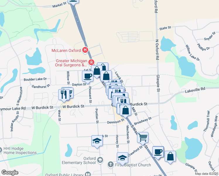 map of restaurants, bars, coffee shops, grocery stores, and more near 60 North Washington Street in Oakland County