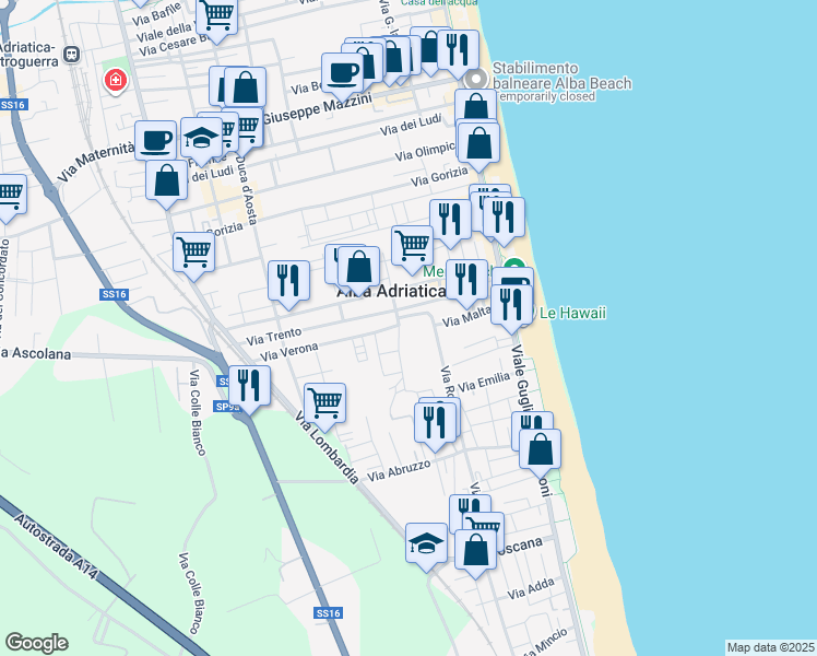 map of restaurants, bars, coffee shops, grocery stores, and more near 11 Via Legnano in Alba Adriatica