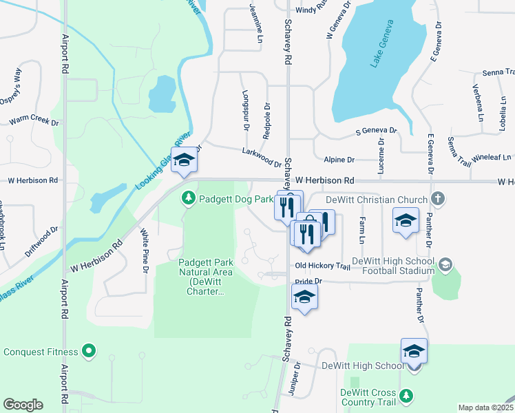 map of restaurants, bars, coffee shops, grocery stores, and more near 13049 Apple Tree Lane in DeWitt