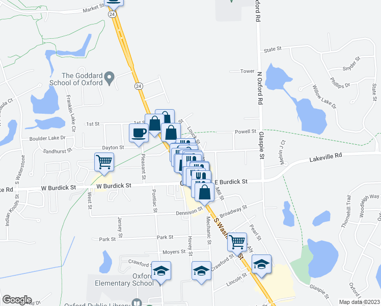 map of restaurants, bars, coffee shops, grocery stores, and more near 29 East Street in Oakland County