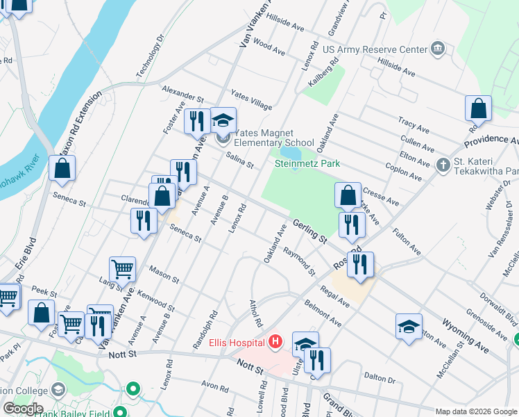 map of restaurants, bars, coffee shops, grocery stores, and more near 1933 Banker Avenue in Schenectady