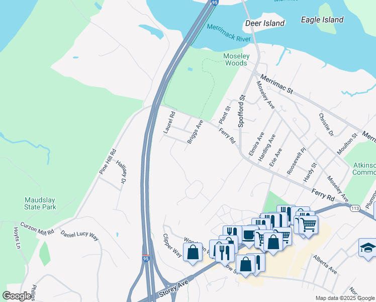 map of restaurants, bars, coffee shops, grocery stores, and more near 15 Briggs Avenue in Newburyport