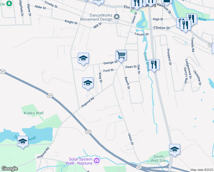 map of restaurants, bars, coffee shops, grocery stores, and more near 14 Osgood Road in Milford
