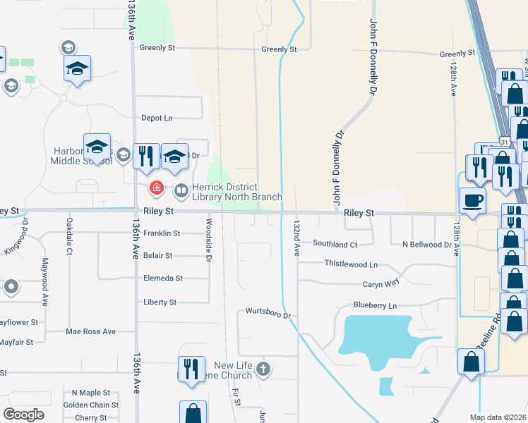 map of restaurants, bars, coffee shops, grocery stores, and more near 13318 Riley Street in Holland