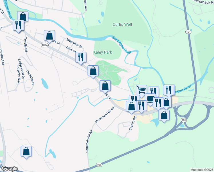 map of restaurants, bars, coffee shops, grocery stores, and more near 486 Nashua Street in Milford