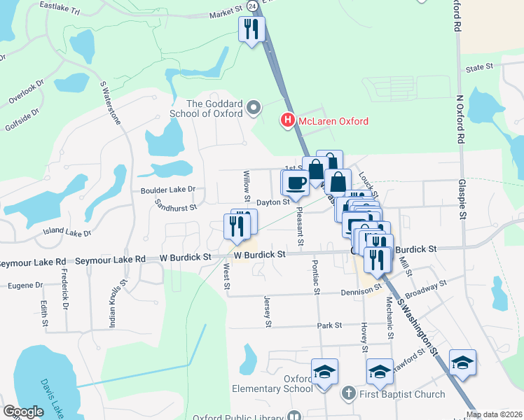 map of restaurants, bars, coffee shops, grocery stores, and more near 64 Dayton Street in Oakland County