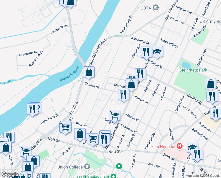map of restaurants, bars, coffee shops, grocery stores, and more near 441 Seneca Street in Schenectady