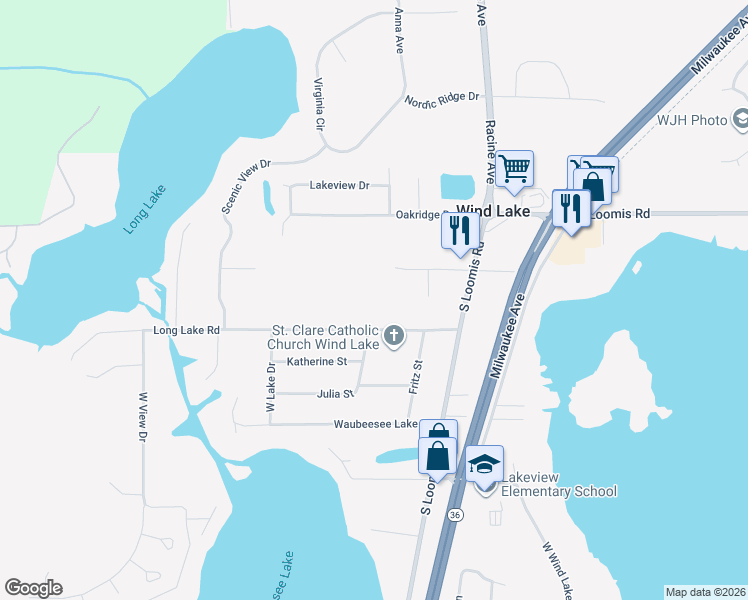 map of restaurants, bars, coffee shops, grocery stores, and more near 26654 Long Lake Road in Wind Lake