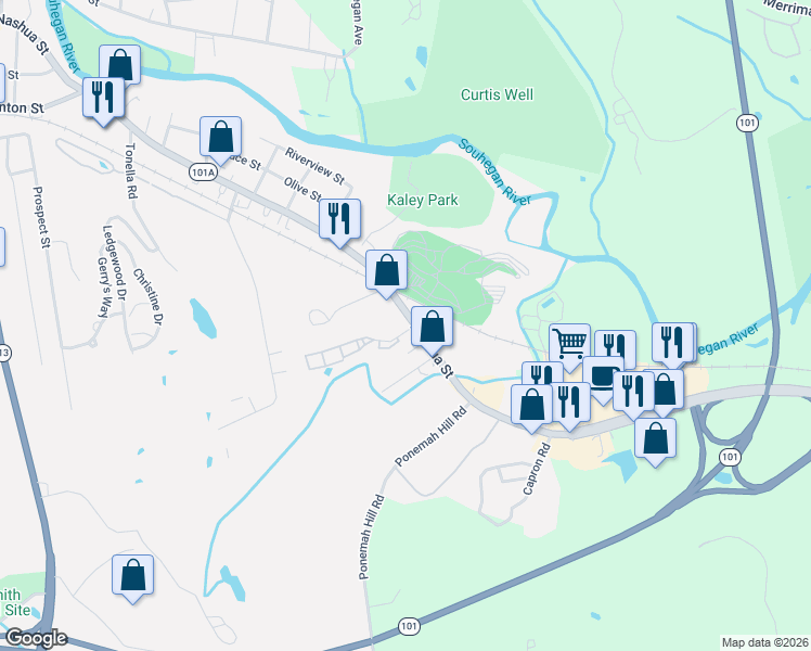 map of restaurants, bars, coffee shops, grocery stores, and more near 486 Nashua Street in Milford
