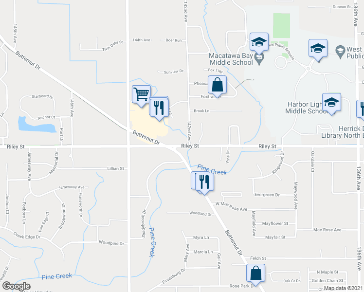 map of restaurants, bars, coffee shops, grocery stores, and more near 540 Riley Street in Holland