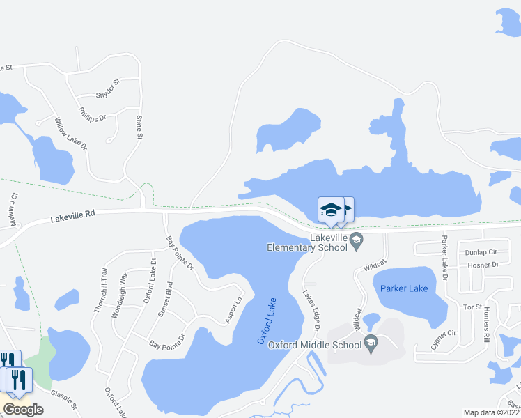 map of restaurants, bars, coffee shops, grocery stores, and more near 1700 Lakeville Road in Oakland County