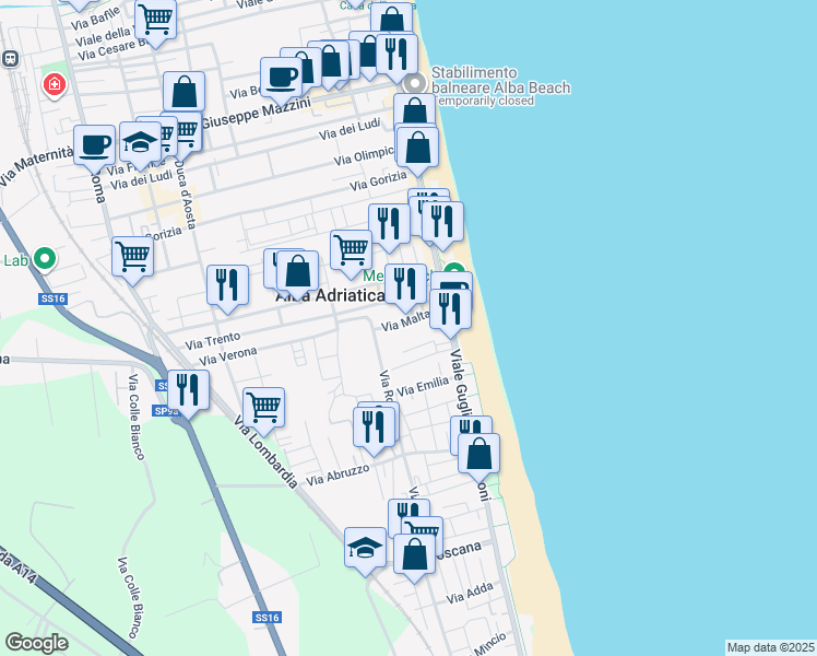 map of restaurants, bars, coffee shops, grocery stores, and more near 9 Via Malta in Alba Adriatica