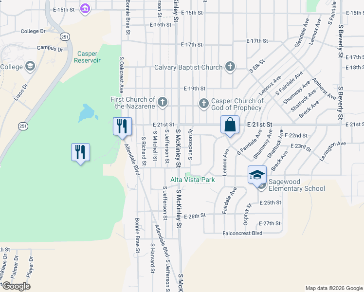 map of restaurants, bars, coffee shops, grocery stores, and more near 2200 South McKinley Street in Casper