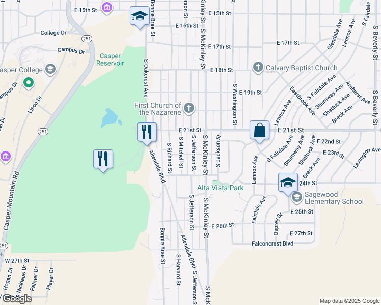 map of restaurants, bars, coffee shops, grocery stores, and more near 815 East 22nd Street in Casper