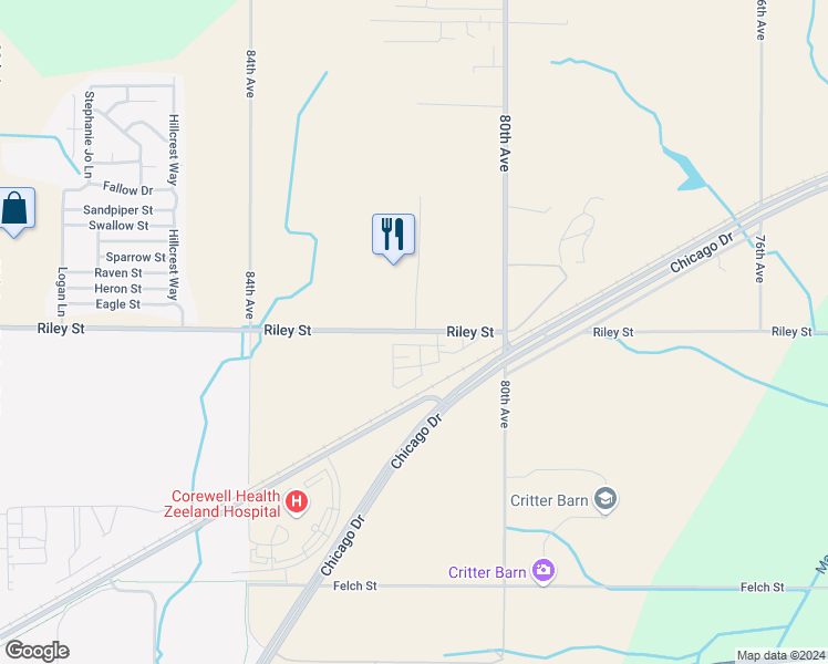 map of restaurants, bars, coffee shops, grocery stores, and more near 8126 Riley Street in Zeeland