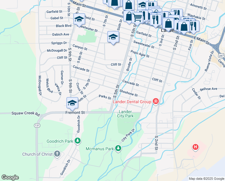 map of restaurants, bars, coffee shops, grocery stores, and more near 525 Shoshone Street in Lander