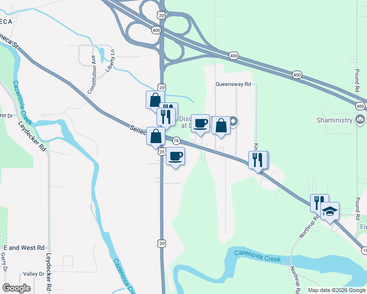 map of restaurants, bars, coffee shops, grocery stores, and more near 5750 Seneca Street in Erie County