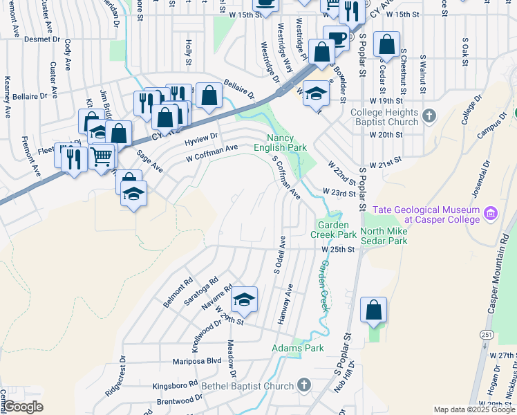 map of restaurants, bars, coffee shops, grocery stores, and more near 2407 Grandview Place in Casper