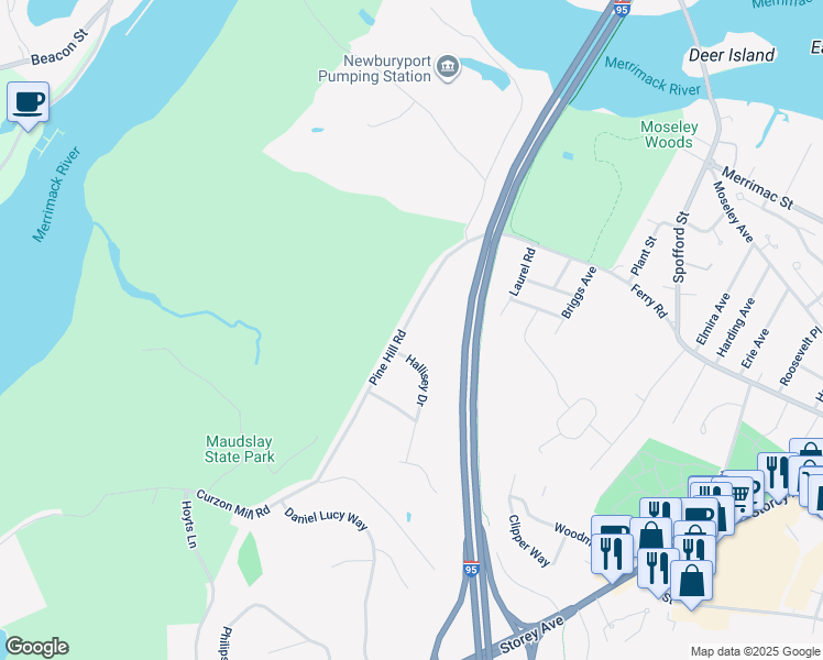 map of restaurants, bars, coffee shops, grocery stores, and more near 21 Pine Hill Road in Newburyport