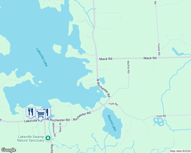 map of restaurants, bars, coffee shops, grocery stores, and more near 1823 Rochester Road in Leonard