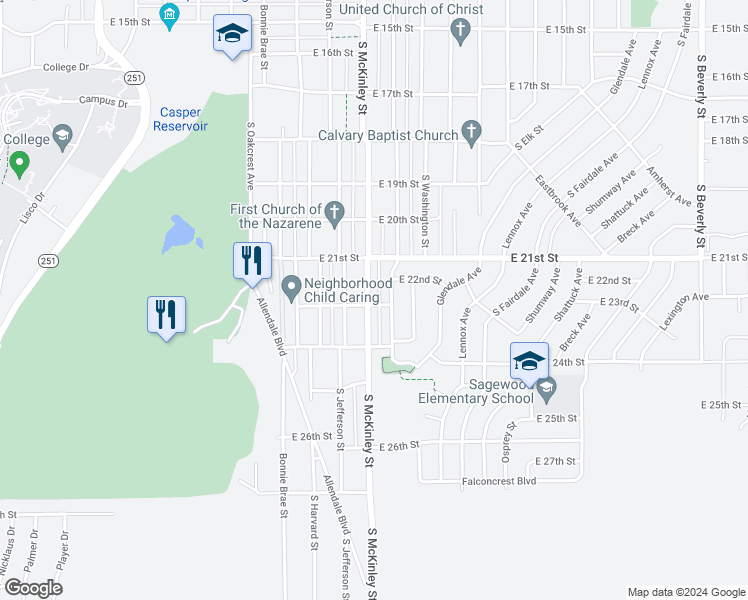 map of restaurants, bars, coffee shops, grocery stores, and more near 2169 South McKinley Street in Casper