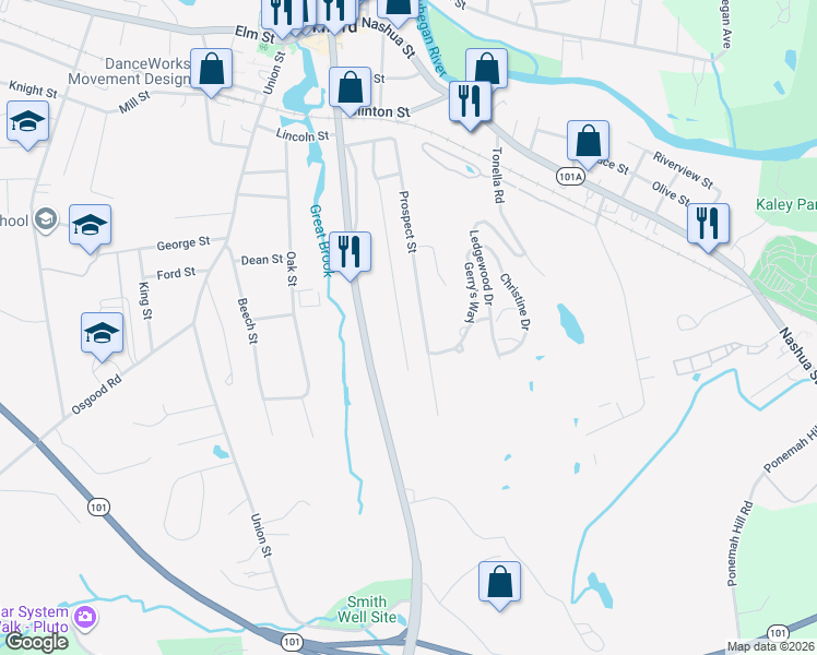 map of restaurants, bars, coffee shops, grocery stores, and more near 86 Webster Street in Milford