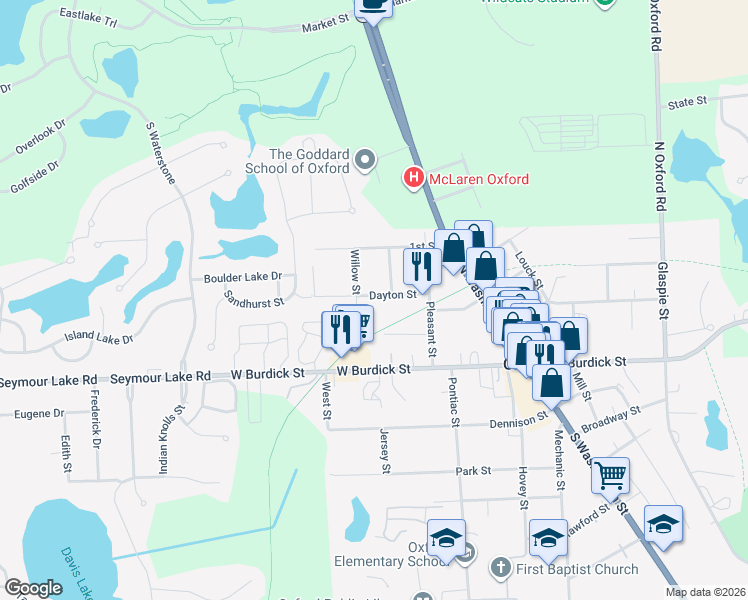 map of restaurants, bars, coffee shops, grocery stores, and more near 64 Dayton Street in Oakland County