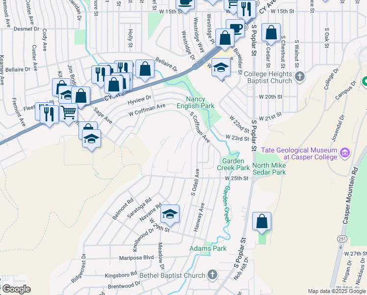 map of restaurants, bars, coffee shops, grocery stores, and more near 2316 South Odell Avenue in Casper