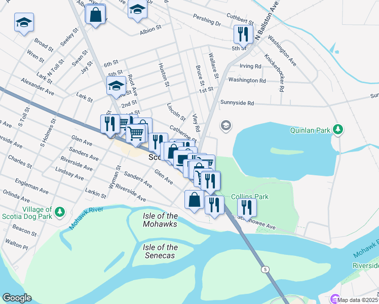 map of restaurants, bars, coffee shops, grocery stores, and more near 107 James Street in Scotia