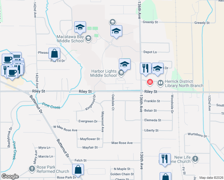 map of restaurants, bars, coffee shops, grocery stores, and more near 313 Riley Street in Holland