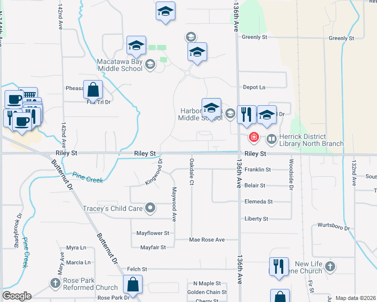 map of restaurants, bars, coffee shops, grocery stores, and more near 313 Riley Street in Holland