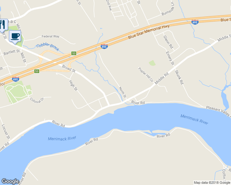 map of restaurants, bars, coffee shops, grocery stores, and more near 2 South Pleasant Street in Merrimac