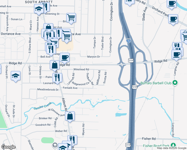 map of restaurants, bars, coffee shops, grocery stores, and more near 316 Ridgewood Circle in Lackawanna