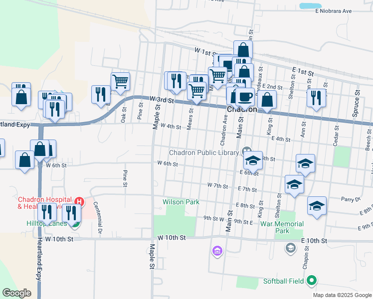 map of restaurants, bars, coffee shops, grocery stores, and more near 500 Mears Street in Chadron