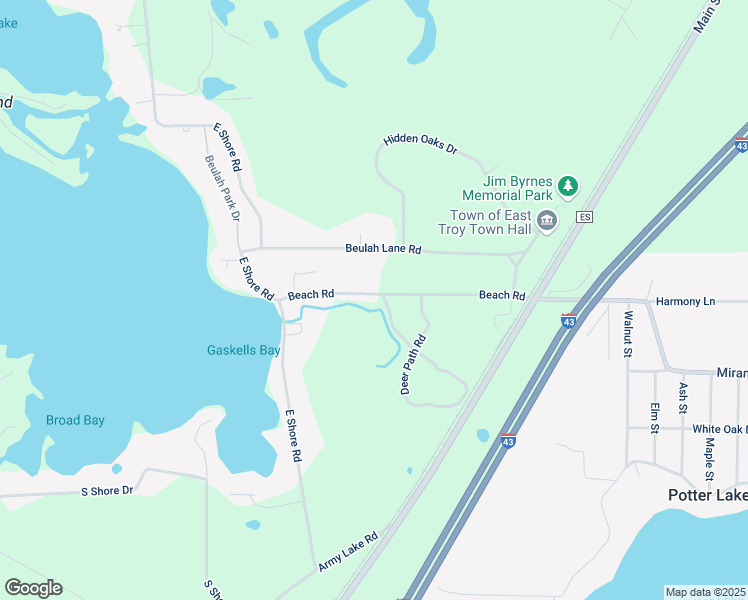 map of restaurants, bars, coffee shops, grocery stores, and more near W1261 Beach Road in East Troy