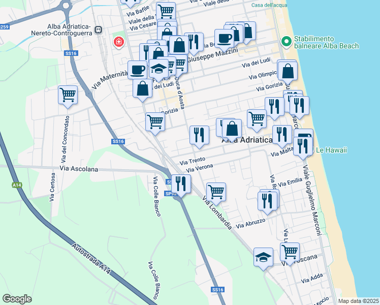 map of restaurants, bars, coffee shops, grocery stores, and more near 109 Via Trieste in Alba Adriatica