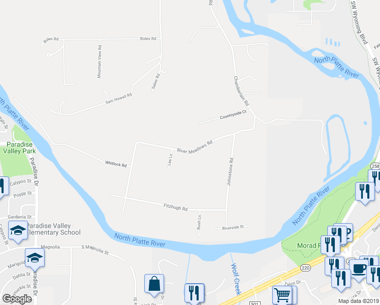 map of restaurants, bars, coffee shops, grocery stores, and more near 2271 River Meadows Road in Casper