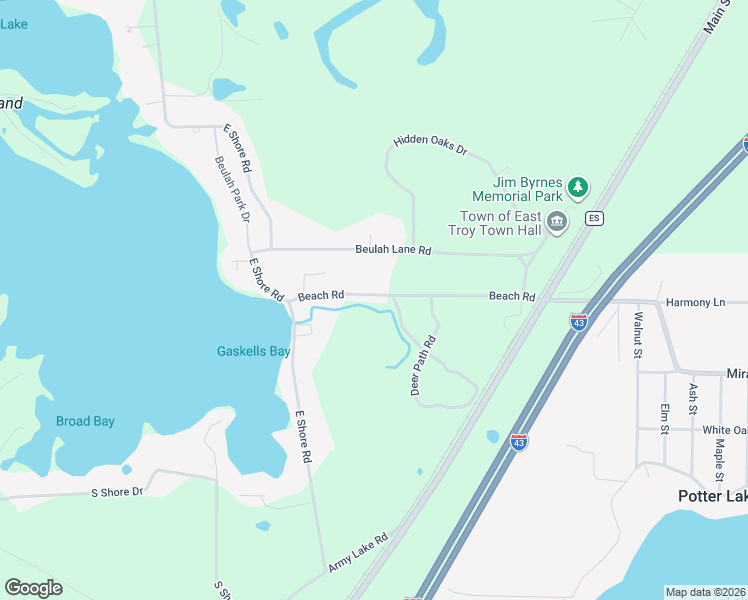 map of restaurants, bars, coffee shops, grocery stores, and more near W1261 Beach Road in East Troy