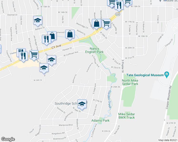 map of restaurants, bars, coffee shops, grocery stores, and more near 2316 South Odell Avenue in Casper