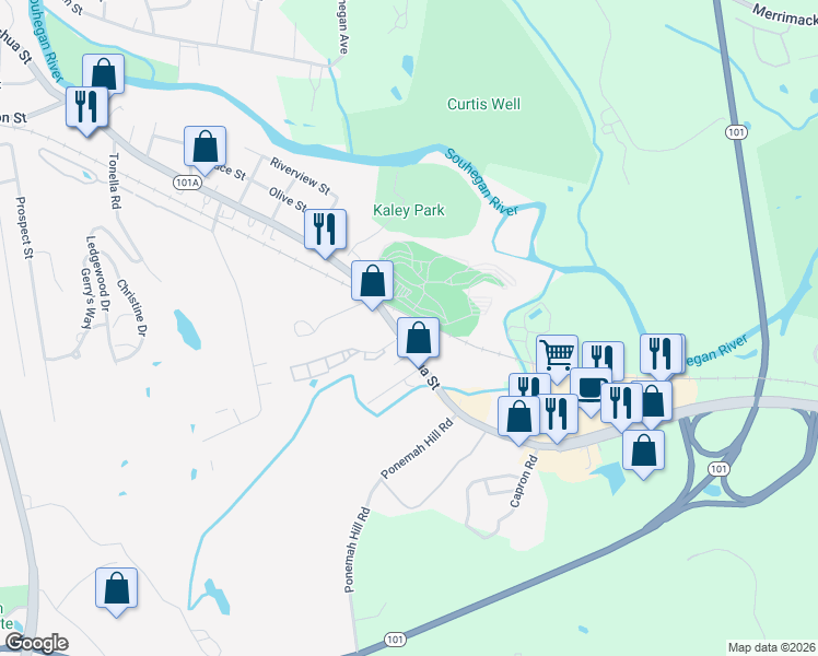 map of restaurants, bars, coffee shops, grocery stores, and more near 486 Nashua Street in Milford
