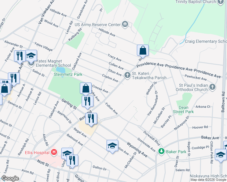 map of restaurants, bars, coffee shops, grocery stores, and more near 2146 Rosa Road in Schenectady