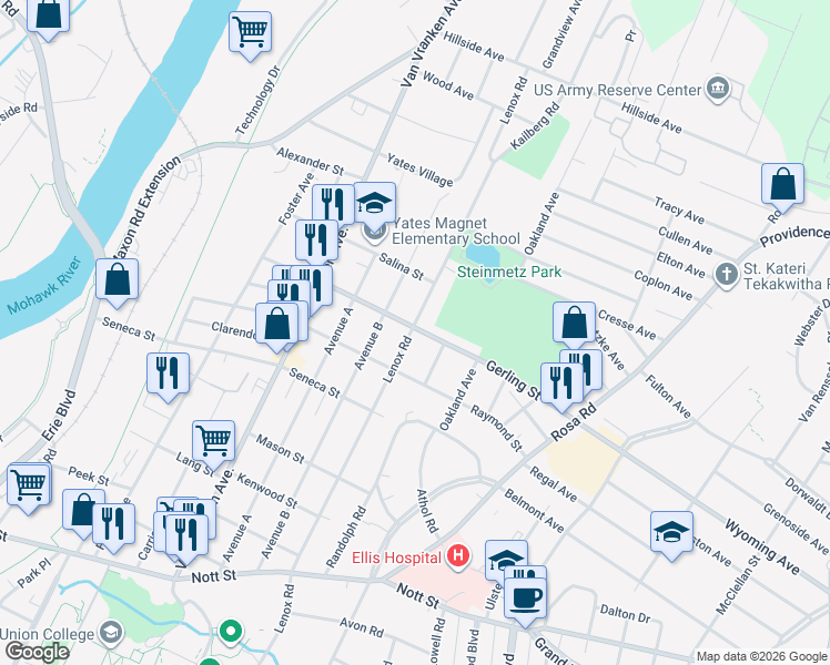 map of restaurants, bars, coffee shops, grocery stores, and more near 1933 Banker Avenue in Schenectady