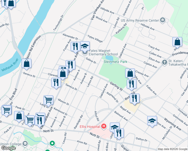 map of restaurants, bars, coffee shops, grocery stores, and more near 1933 Banker Avenue in Schenectady