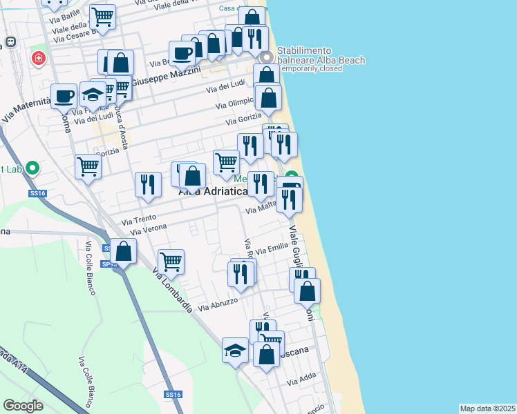 map of restaurants, bars, coffee shops, grocery stores, and more near 9 Via Malta in Alba Adriatica