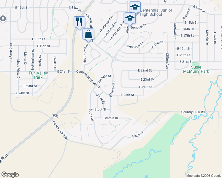 map of restaurants, bars, coffee shops, grocery stores, and more near 2413 Waterford Street in Casper