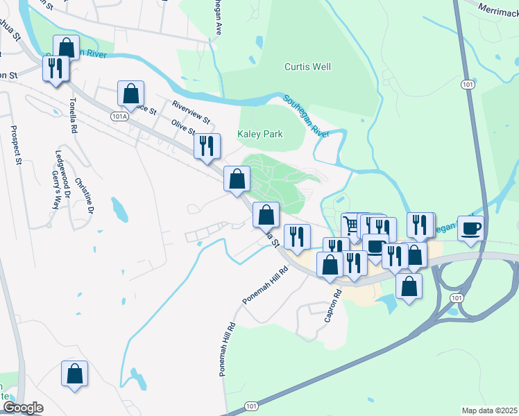 map of restaurants, bars, coffee shops, grocery stores, and more near 486 Nashua Street in Milford