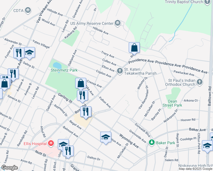 map of restaurants, bars, coffee shops, grocery stores, and more near 2146 Rosa Road in Schenectady