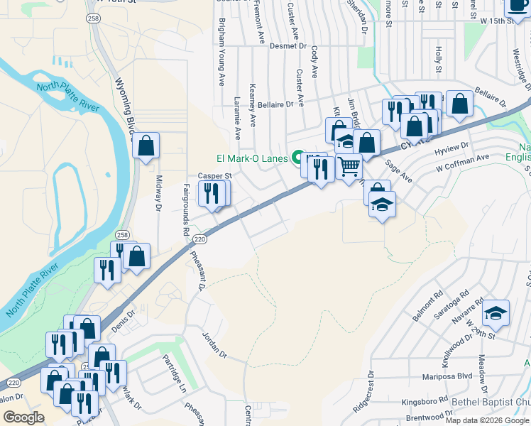 map of restaurants, bars, coffee shops, grocery stores, and more near 3035 CY Avenue in Casper